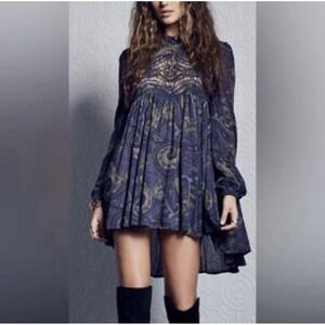 Free People Sweet Thing Dress Midnight Combo Floral Print Lace Keyhole Back Sz M